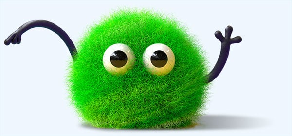 Round, fuzzy green creature that looks like a pompom with googly eyes pointing at the Login header.